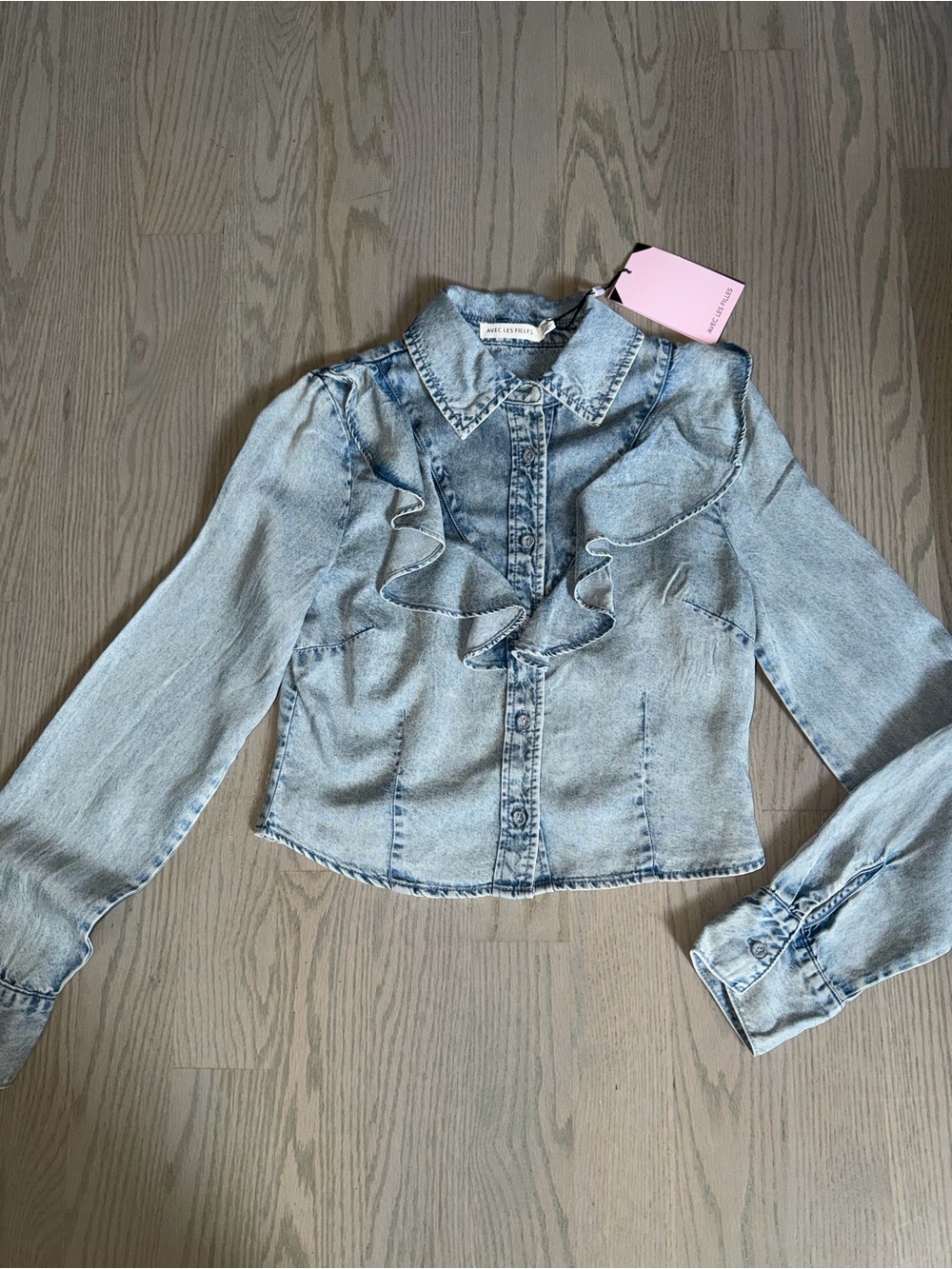 Avec Les Filles Light Wash Ruffle Denim Blouse